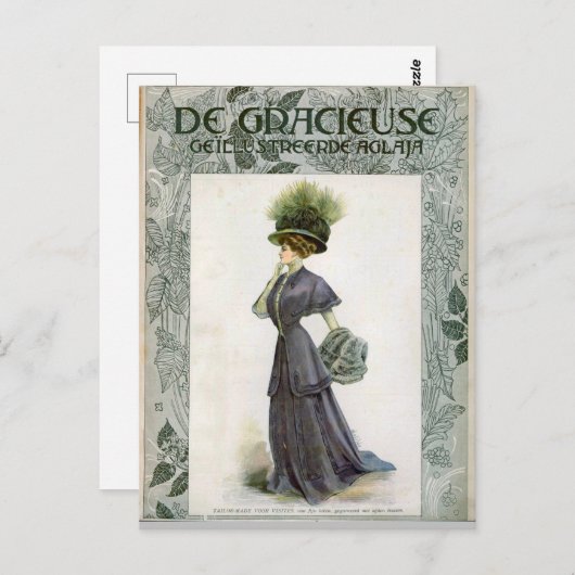 ヴィンテージファッションイラストレーションレディボタニカルハット ポストカード (正面/裏面)