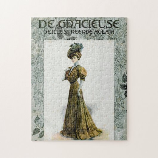 ヴィンテージファッションイラストレーションレディーイングレープハット ジグソーパズル (縦)