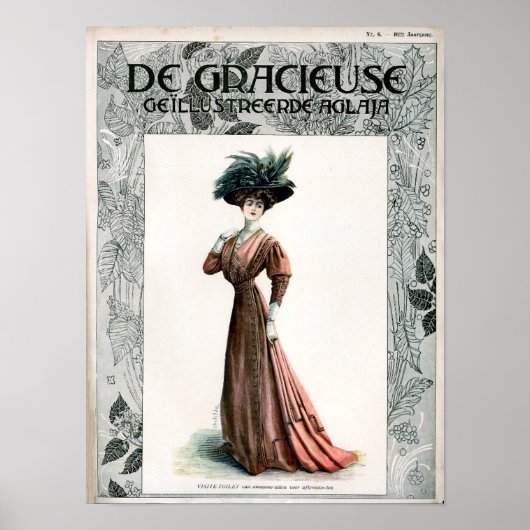 ヴィンテージファッションイラストレーションレディーフェザーハット ポスター (正面)