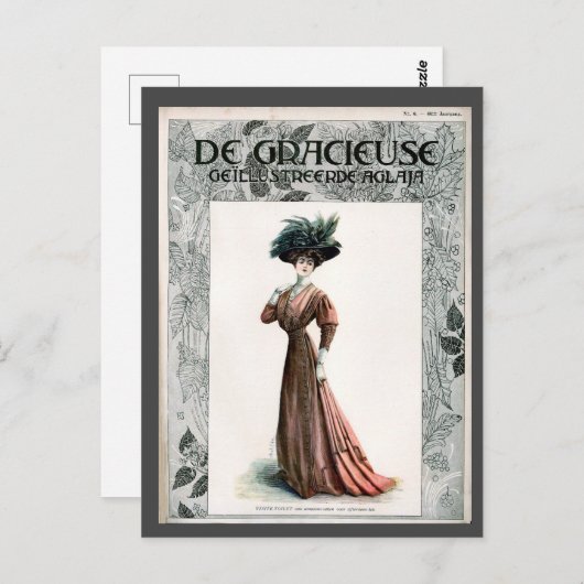 ヴィンテージファッションイラストレーションレディーフェザーハット ポストカード (正面/裏面)