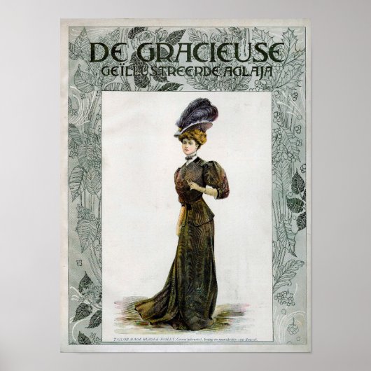 ヴィンテージファッションイラストレーションレディーフェザーボーハット ポスター (正面)