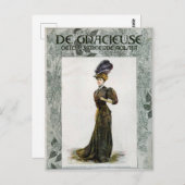 ヴィンテージファッションイラストレーションレディーフェザーボーハット ポストカード (正面/裏面)