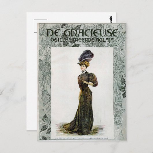 ヴィンテージファッションイラストレーションレディーフェザーボーハット ポストカード (正面/裏面)