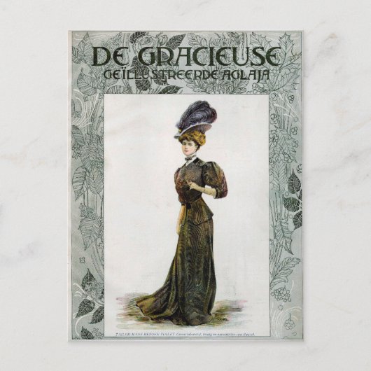 ヴィンテージファッションイラストレーションレディーフェザーボーハット ポストカード (正面)