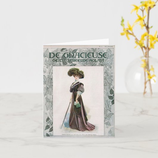 ヴィンテージファッションイラストレーションレディ付き杖 カード (黄色い花)