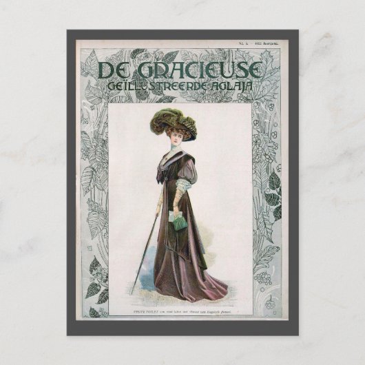 ヴィンテージファッションイラストレーションレディ付き杖 ポストカード (正面)