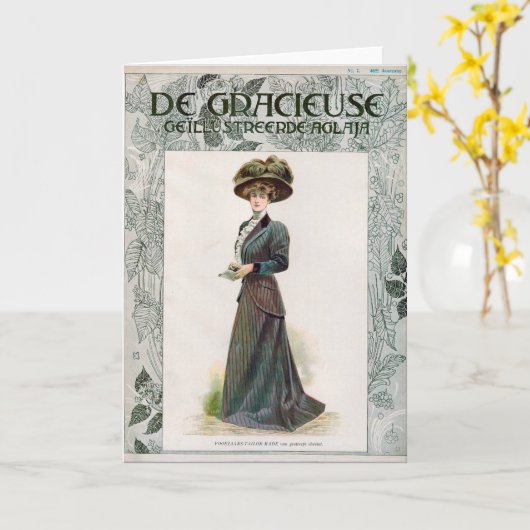 ヴィンテージファッションイラストレーション女性が本を持っている カード (黄色い花)