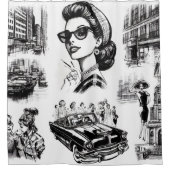 ヴィンテージファッションガールスケッチ シャワーカーテン (正面)