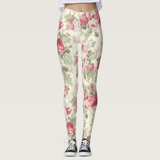 ヴィンテージファッションドオールドピンクと赤のバラがクリーム レギンス (正面)
