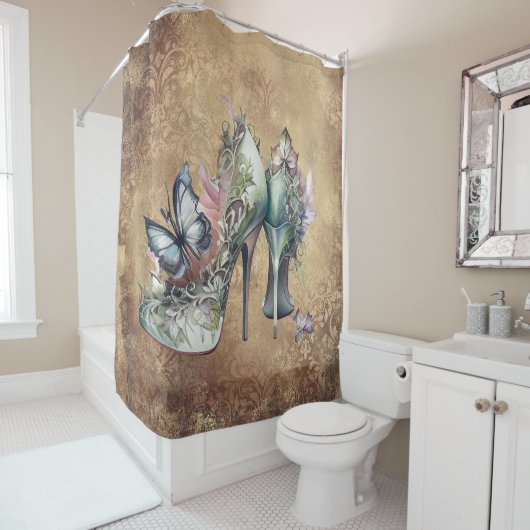 ヴィンテージファッションハイヒールとフローラ蝶 シャワーカーテン (インサイチュ)