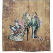 ヴィンテージファッションハイヒールとフローラ蝶 シャワーカーテン (正面)