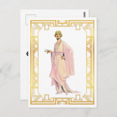 ヴィンテージファッションフラッパーピンクティータイムドレス ポストカード (正面/裏面)