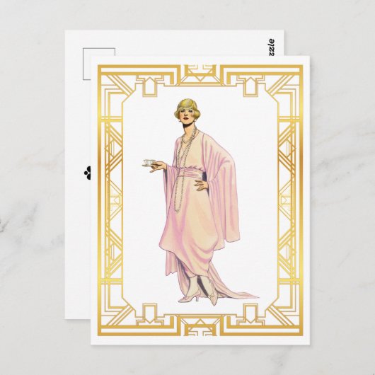 ヴィンテージファッションフラッパーピンクティータイムドレス ポストカード (正面/裏面)