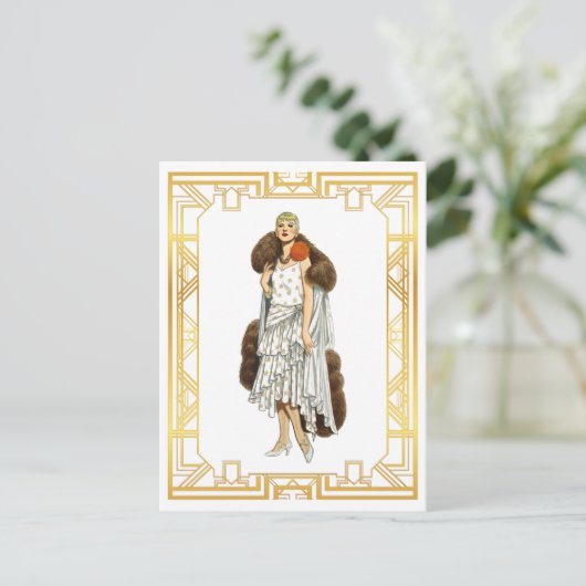 ヴィンテージファッションフラッパーファーケープ夕べガウン ポストカード (スタンド正面)