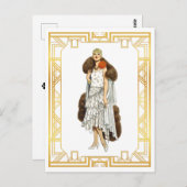 ヴィンテージファッションフラッパーファーケープ夕べガウン ポストカード (正面/裏面)
