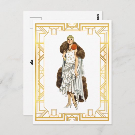 ヴィンテージファッションフラッパーファーケープ夕べガウン ポストカード (正面/裏面)