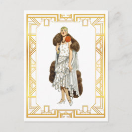 ヴィンテージファッションフラッパーファーケープ夕べガウン ポストカード