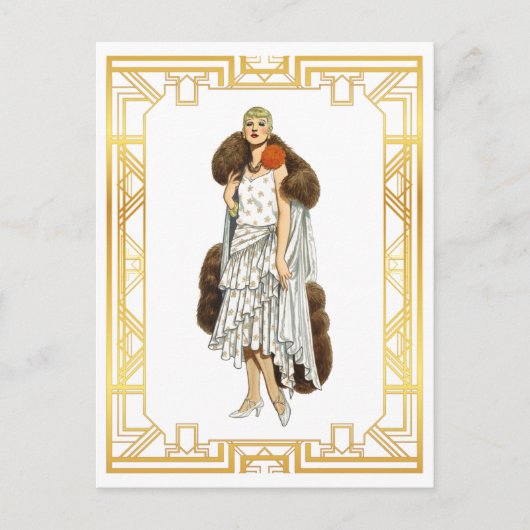 ヴィンテージファッションフラッパーファーケープ夕べガウン ポストカード (正面)
