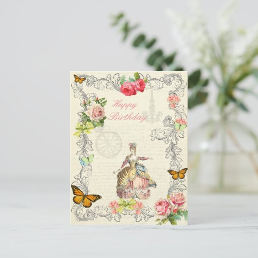 ヴィンテージファッション誕生日はがき書バラ ポストカード (スタンド正面)