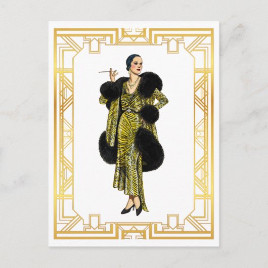 ヴィンテージファッション20sフラッパーファーケープ夕べガウン ポストカード (正面)