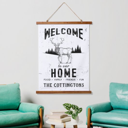 ヴィンテージファミリーネーム素朴キャビン 吊り下げ型タペストリー (リビング)