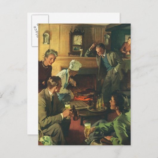 ヴィンテージファミリーパーティー、料理ステークス飲みビール インビテーションポストカード (正面/裏面)