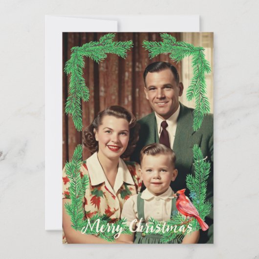 ヴィンテージファミリーフォトパインバードフレームクリスマス シーズンカード (正面)