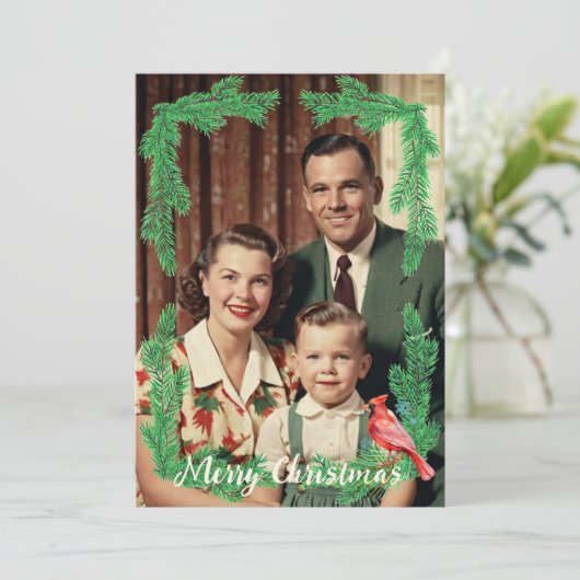 ヴィンテージファミリーフォトパインバードフレームクリスマス シーズンカード (スタンド正面)