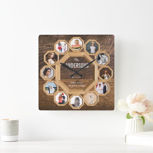 ヴィンテージファミリー写真付き木枠時計 スクエア壁時計 (ホーム)