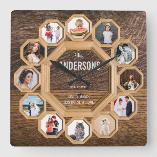 ヴィンテージファミリー写真付き木枠時計 スクエア壁時計 (正面)