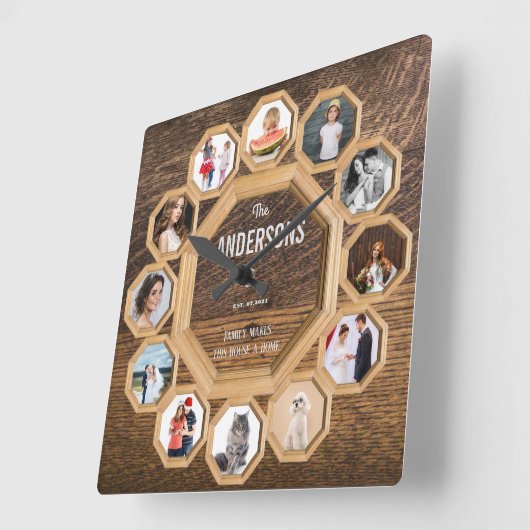ヴィンテージファミリー写真付き木枠時計 スクエア壁時計 (傾斜)