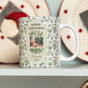ヴィンテージファミリー写真葉緑のクリスマス コーヒーマグカップ