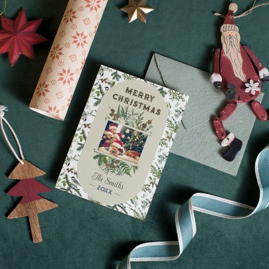 ヴィンテージファミリー写真葉緑のクリスマス シーズンカード