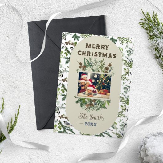 ヴィンテージファミリー写真葉緑のクリスマス シーズンカード