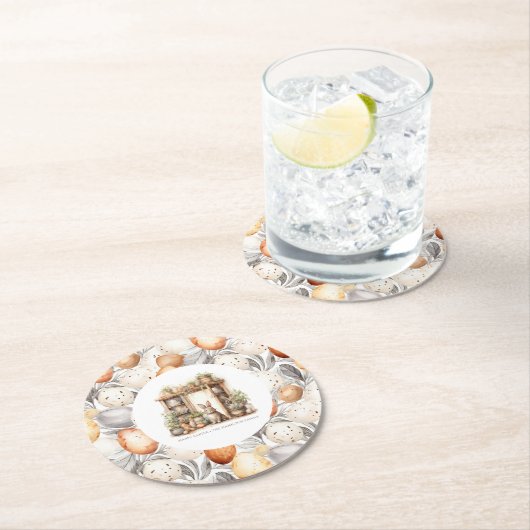 ヴィンテージファミリー名素朴ベージュイースター ラウンドペーパーコースター (インサイチュ)