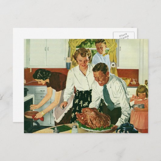 ヴィンテージファミリー料理感謝祭ディナーキッチン シーズンポストカード (正面/裏面)