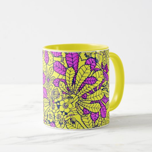 ヴィンテージファンキー花紫色イエローマグカップ マグカップ (正面右)