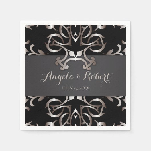 ヴィンテージファンシーエレガントブロンズブラック結婚バロック スタンダードカクテルナプキン (正面)