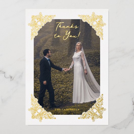 ヴィンテージファンシーフローリッシュフレームコーナー写真 箔招待状 (正面)