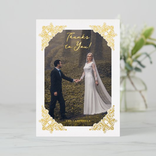 ヴィンテージファンシーフローリッシュフレームコーナー写真 箔招待状 (立ち正面)