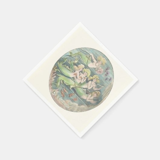 ヴィンテージファンタジー人魚、人魚になる航海の スタンダードカクテルナプキン (角)