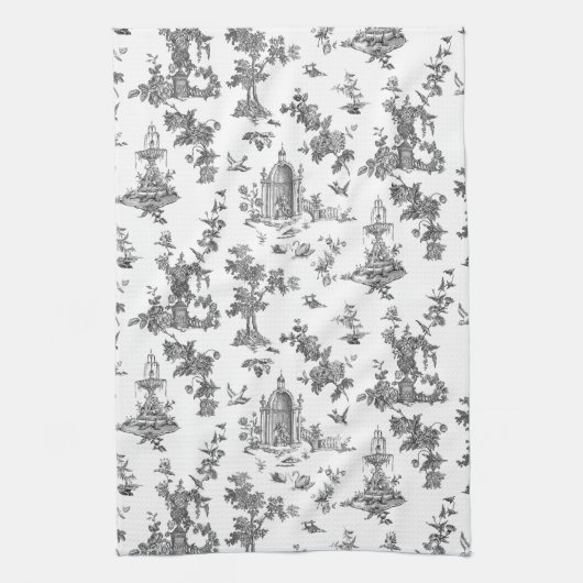 ヴィンテージファンタスティック噴水と木Toile-B & W キッチンタオル (縦)