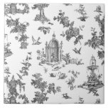 ヴィンテージファンタスティック噴水と木Toile-B & W タイル<br><div class="desc">John Munの歴史的なシームレスな適応English刻まれたトイル・ド・ジュイの織り物パターン1770年代のクラシック記念碑を使用し、シェイクスピア、噴水、鳥やエキゾチックな花模様。白い背景に黒。</div>