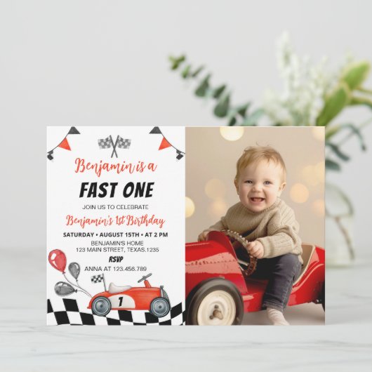 ヴィンテージファーストワンレーシングフォト誕生日招待状 招待状 (スタンド正面)