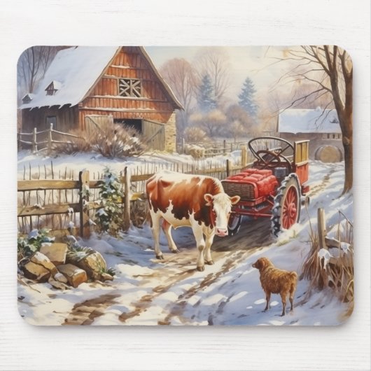 ヴィンテージファーミヤードカウトラクターウィンター マウスパッド (正面)