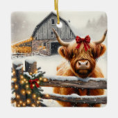 ヴィンテージファームと可愛いハイランドカウクリスマス セラミックオーナメント (正面)