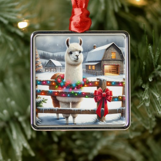 ヴィンテージファームと可愛いラマのクリスマス メタルオーナメント (ツリー)