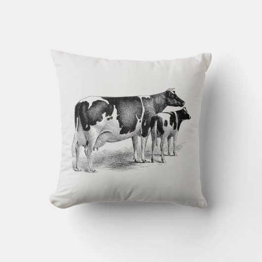 ヴィンテージファームハウスカウアンドカーフ白黒スケッチ クッション (正面)