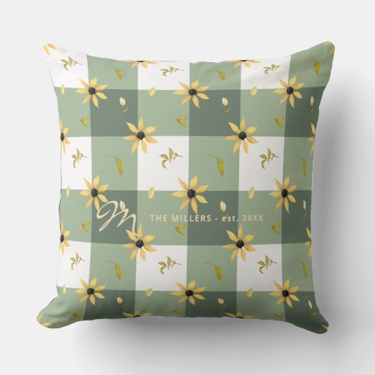 ヴィンテージファームハウスフローラセージ緑バッファローチェック クッション (正面)