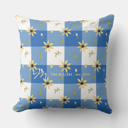 ヴィンテージファームハウスフローラブルーバッファローチェック クッション (正面)